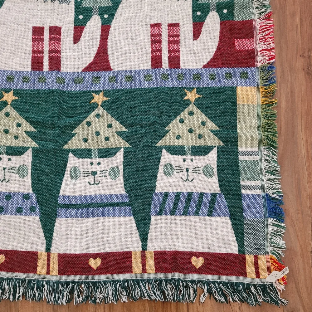 Crown Crafts Throw Blanket Noel Cats Pat Meyers Vintage Christmas Holiday NEW
